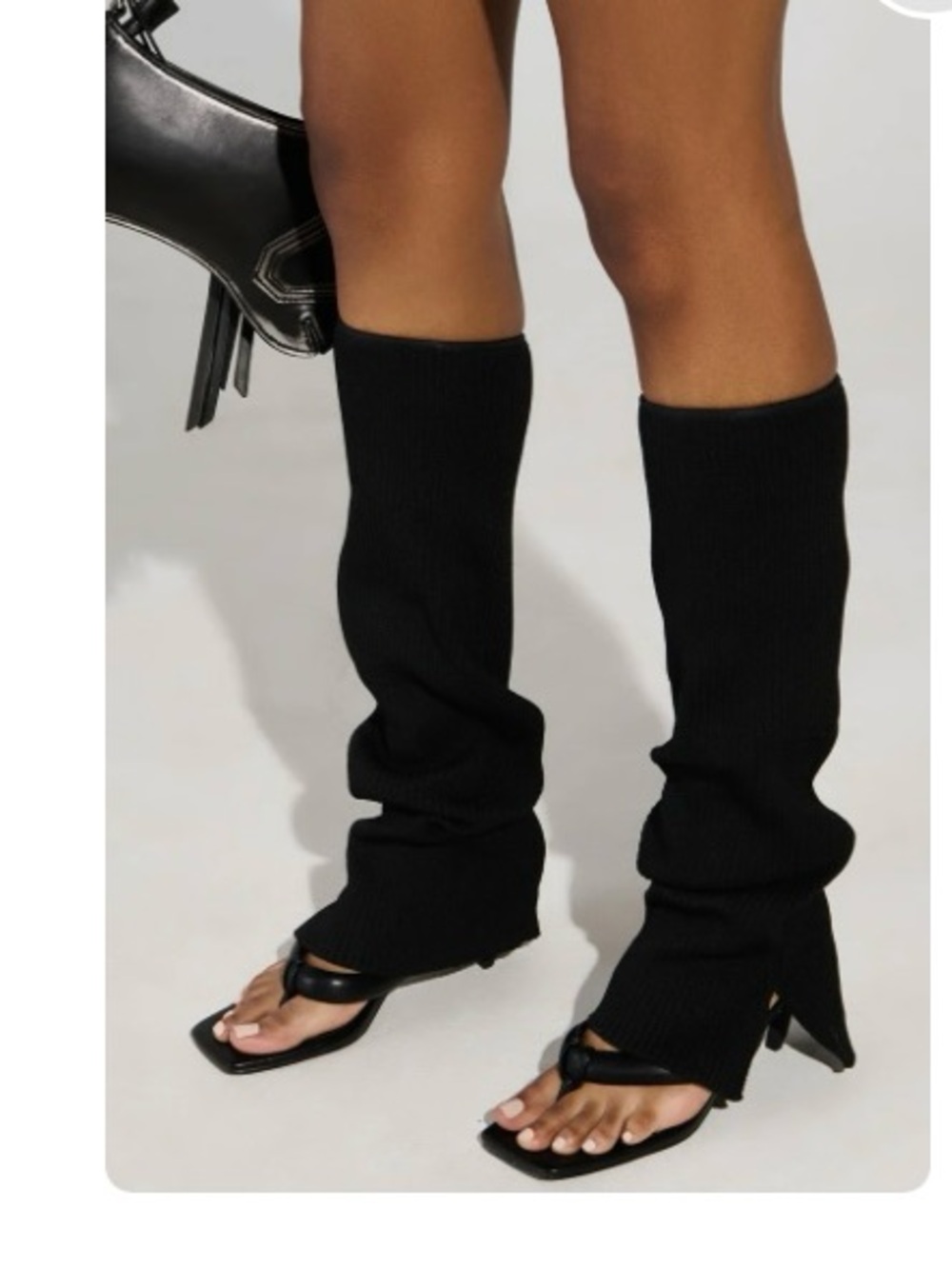 AKIRA Black Knit Leg-Warmer Toe-Loop Heeled Sandals